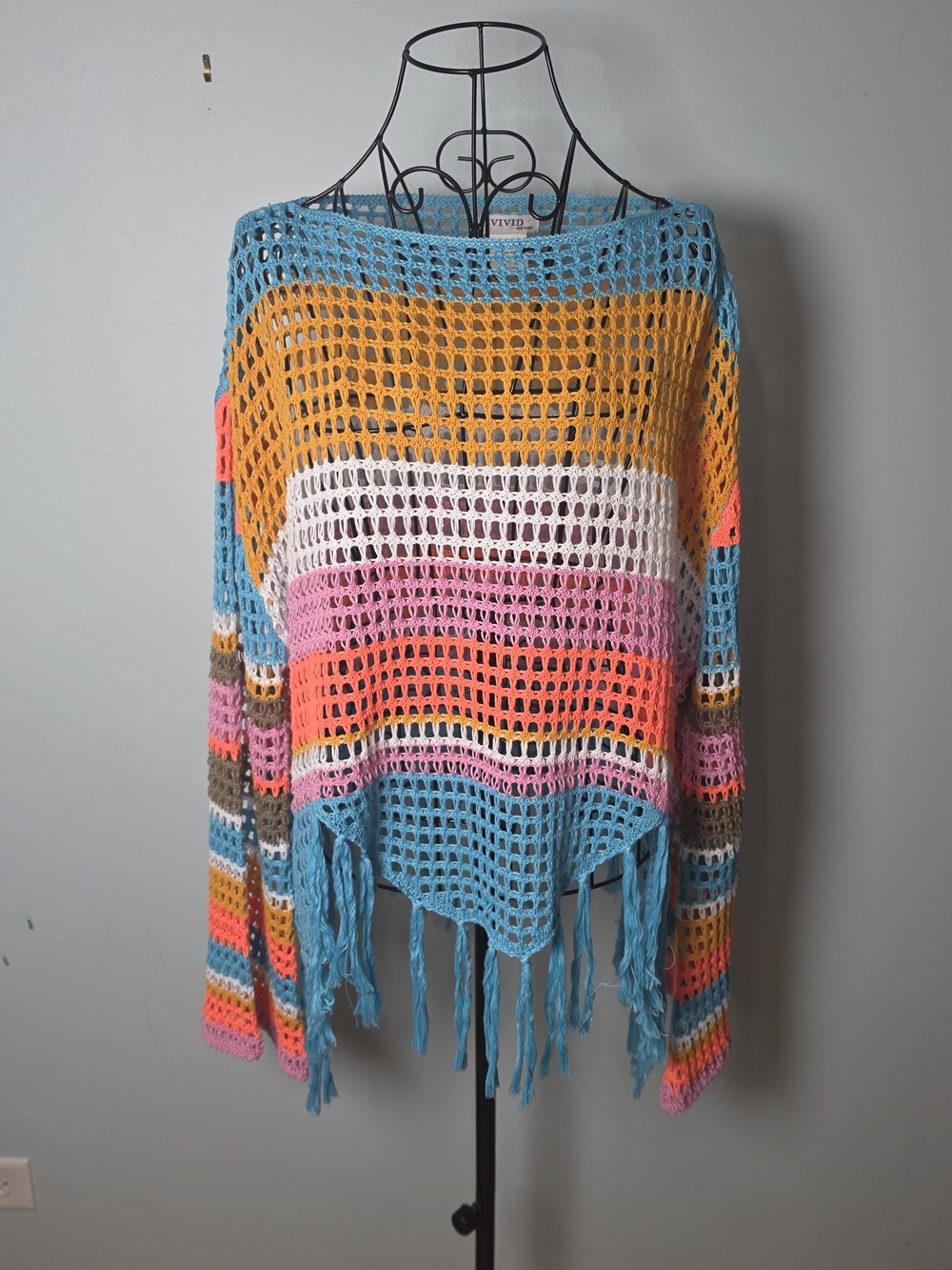 Vivid New York Colorblock Crochet Fringe Beach Cover Up Sweater